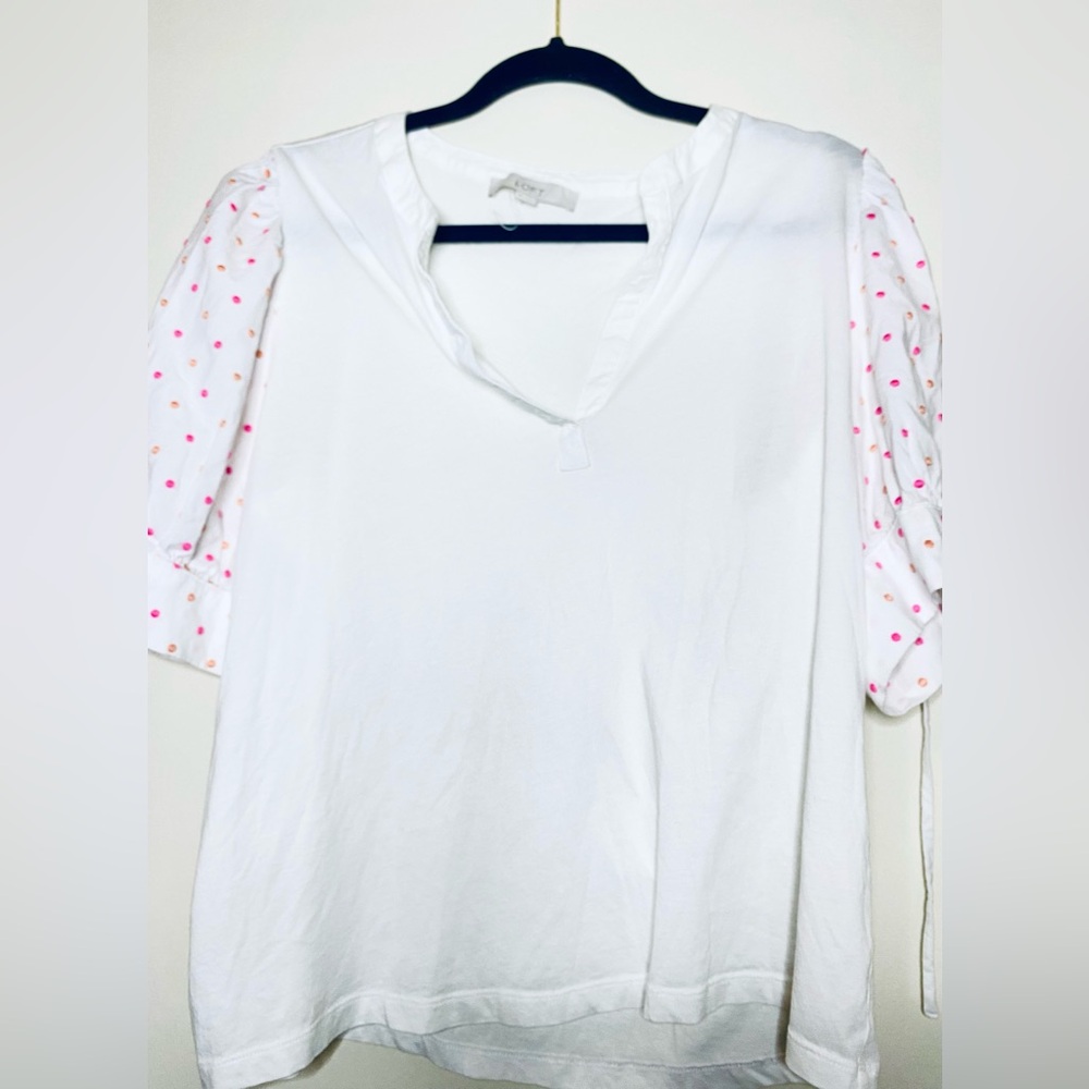 Loft White Puff Sleeve Top with Pink and Orange Polka Dots - Picture 2 of 3